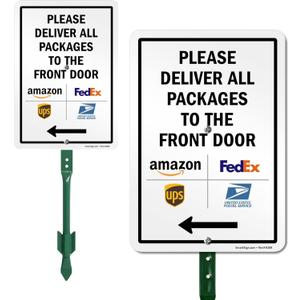 SmartSign 10 x 7 inch Please Deliver All Packages to The Front Door Left Arrow Yard Sign, 40 mil Laminated Rustproof Aluminum, 21.5 inch Tall Sign & Stake Kit, Multicolor, Made in USA