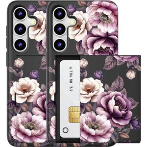 Compatible for Samsung Galaxy S23+ Plus Case with Card Holder Cute - Kawaii Design Military-Grade Drop Protection Rugged Wallet Cases for Women (Black Pink Roses Flowers)