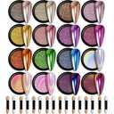 GELPARTY 16 Colors Chrome Nail Powder Set, Premium Mirror & Holographic Effect Pigment Metallic Gold, Silver, Chameleon, Aurora Nail Art Glitter Includes 16 Sponge Applicators for Gel Polish Design