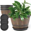 10-inch-Plant-Pots-Indoor-Outdoor, 4 Pack Whiskey Barrel Planters with Drainage Holes & Saucer, Plastic Flower Pots Imitation WineBarrel Design, Decorative Garden Pots for Plants