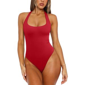 REORIA Women's Sexy Deep Scoop Neck Halter Bodysuit Double Lined Sleeveless Backless Top Vacation Outfits, Small (Tomato)