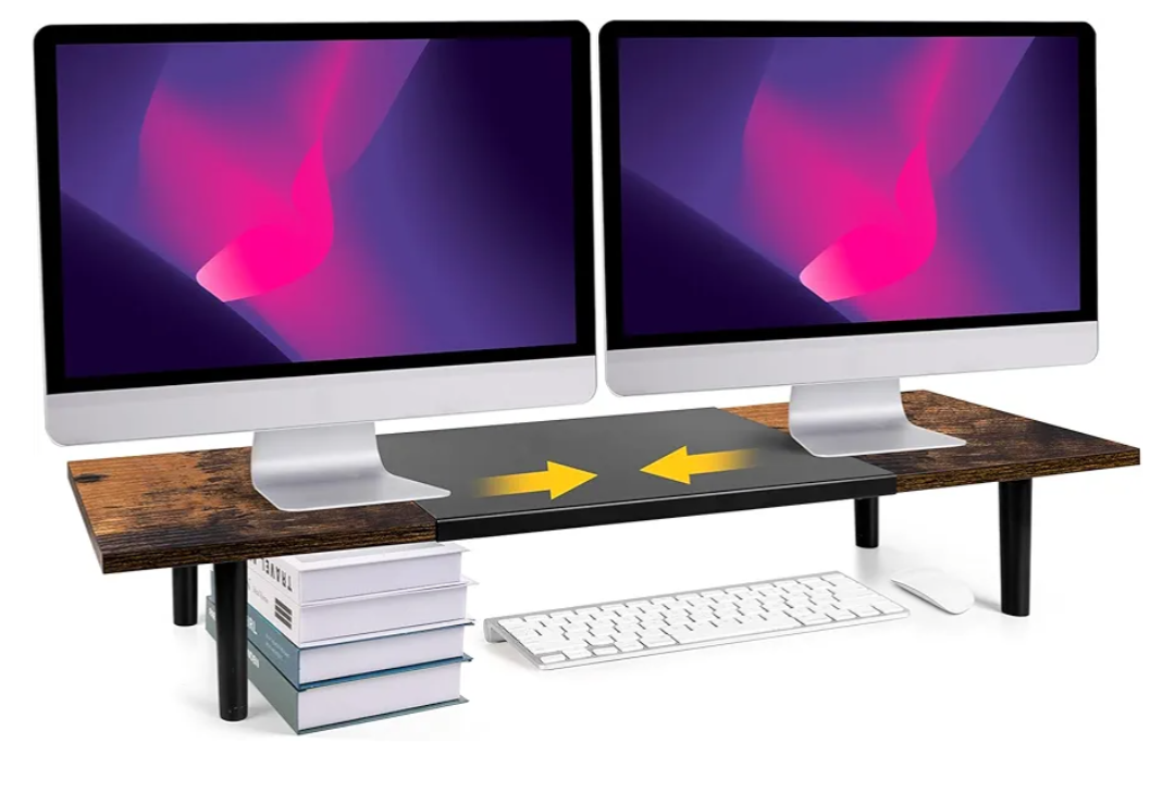 AcrossStar DualMonitorStandRiserForDesk Adjustable Length 3240 Inch, Large Desktop Computer Monitor Riser For 2 Screens, Desk Shelf Organizer Riser Stand For Computer/Laptop/PC/Printer/TV Brown