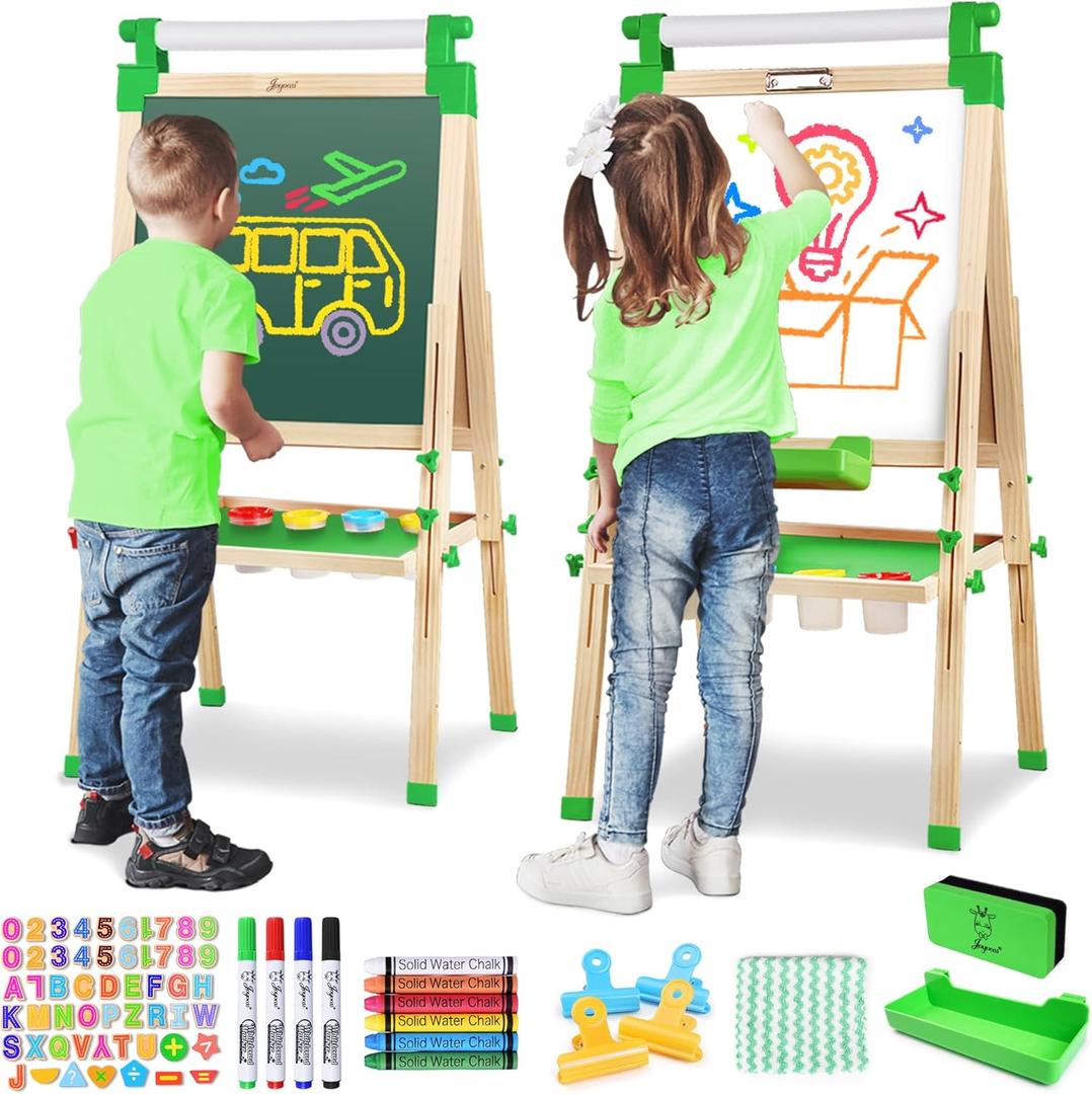 JOYOOSS Easel for Kids - Adjustable Wooden Art Easel With Paper Roll, Magnetic Double Sided Dry Erase Board, Outdoor Easel for Toddlers, Green