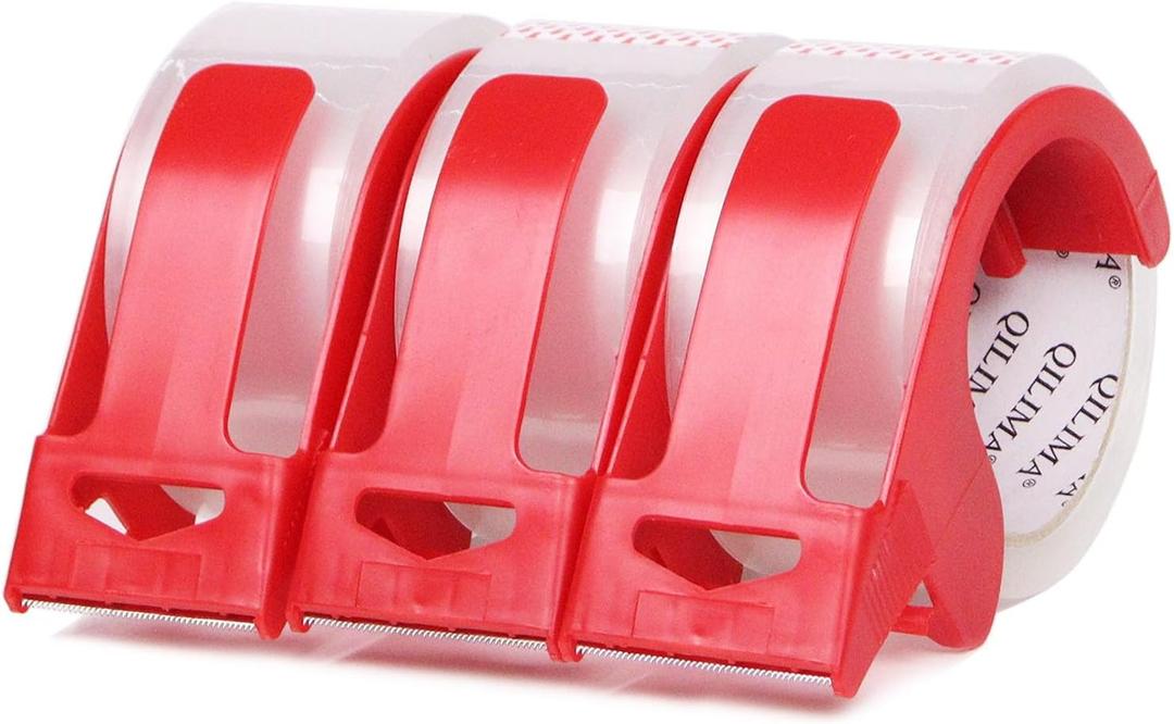 QILIMA 3 Rolls Clear Packing Tape with 3 Dispenser, Total 180 Yard,Heavy Duty Packaging Tape Designed for Moving Boxes, Shipping, Office, 2Mil 2 Inch x 60 Yard