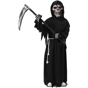 DNQCOS Boys Grim Reaper Halloween Costumes Kids Ghost Robe w/Glowing Red Eyes Mask and Sickle, XL