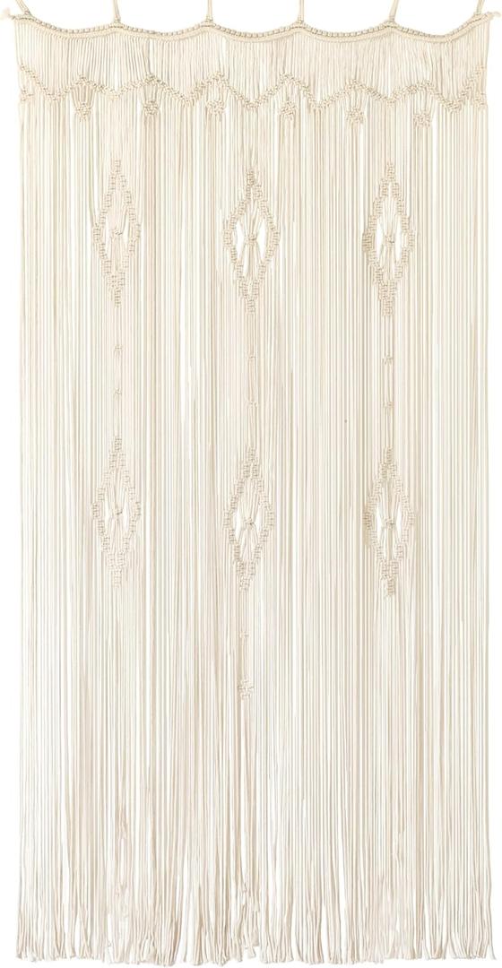 Macrame Curtain Long Cotton Window Panel Boho Curtains for Bedroom Wedding Backdrop Room Divider Doorway Closet Apartment 35''W x 70''L (Beige)