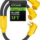 Kanayu 50Amp 1450 Y Splitter Adapter Cord ETL Listed 1450P Male to 2X 1450R Female 4 Prong 250V Splitter for RV and EV Heavy Duty 6/3+8/1 STW AWG RV Generator Outdoor Extension Cord, 3 Ft