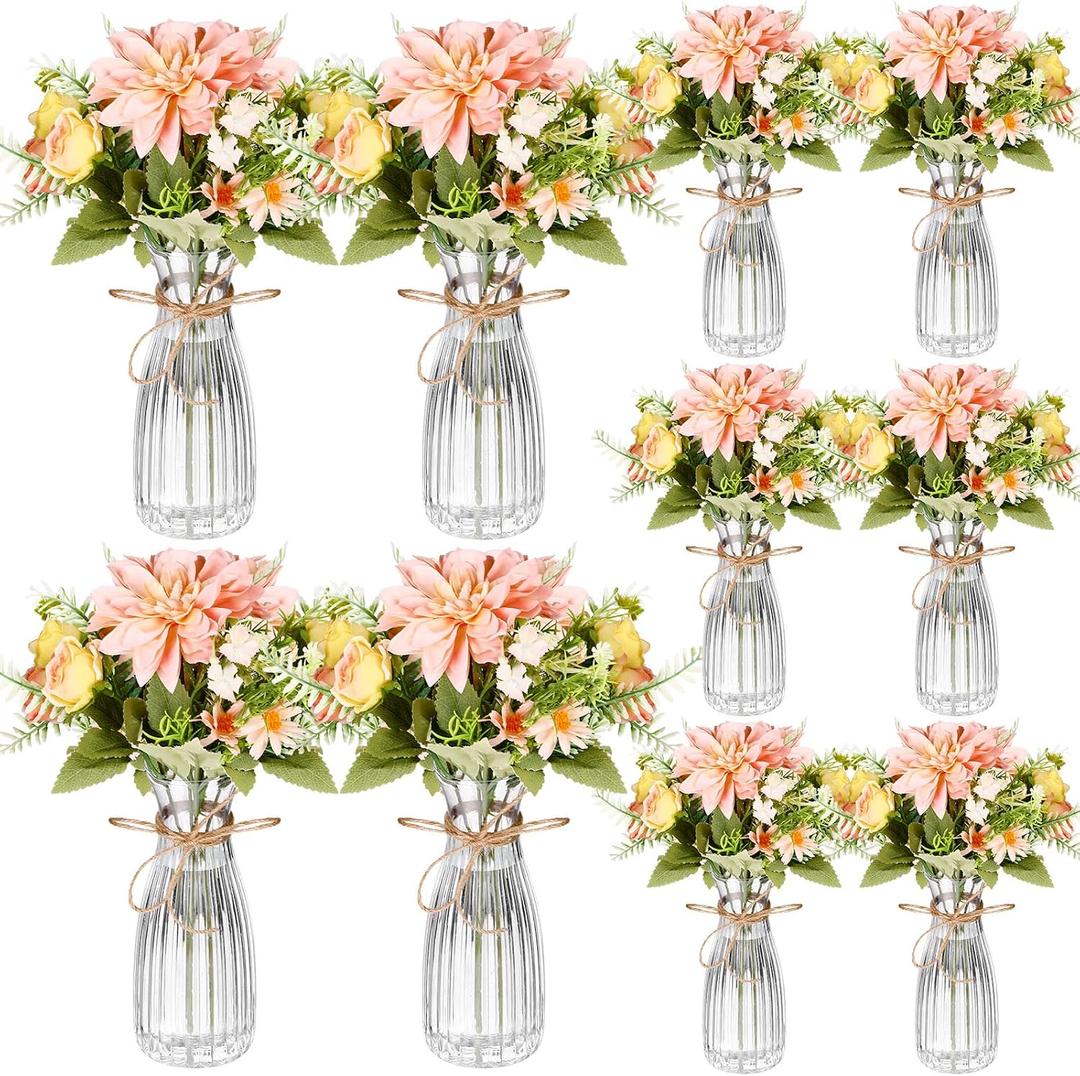 Reallnaive 30 Pack Artificial Flowers Table Centerpieces Decorations with Vase Wedding Mason Jar 20 Bundles Silk Floral Bouquet 10 Clear Vase with 1 Pcs Rope for Party Decor(Dahlia,Champagne)