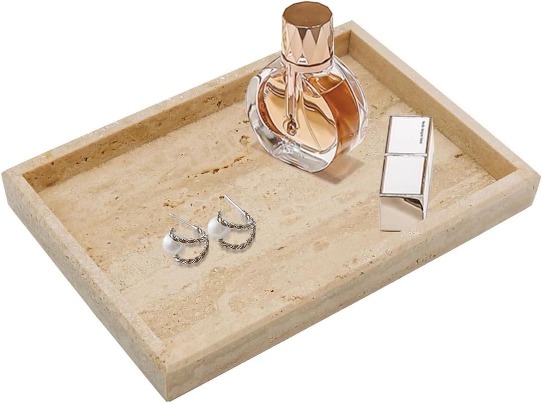 Real Natural Travertine Tray for Bathroom, Vanity, Kitchen and Desktop, Rectangle Genuine Travertine Stone Tray for Jewelry, Cosmetics, Candles, Lotion, Perfume and Home Decor (12" x 8" x 1.2")