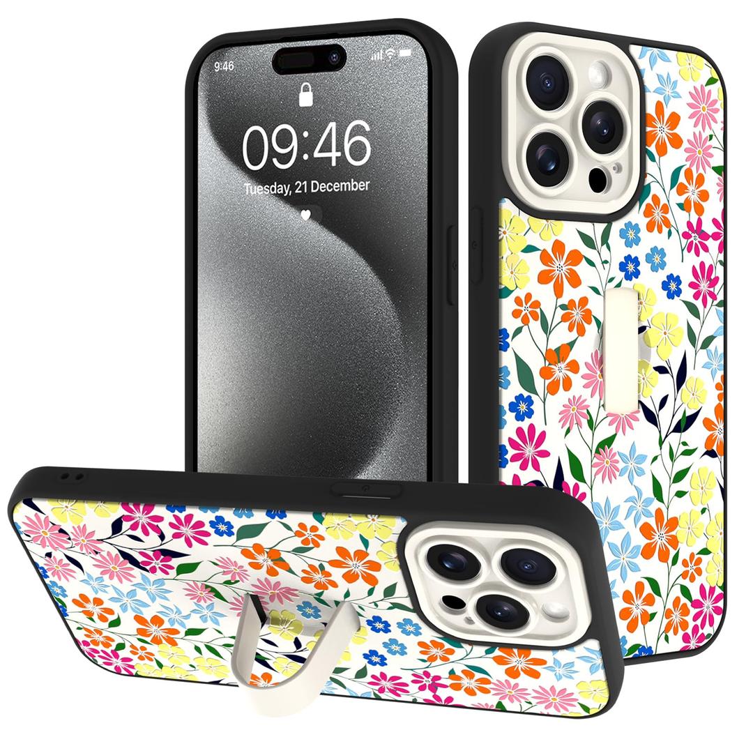 Fsoole for iPhone 15 Pro Case with Finger Strap Holder, Cute Colorful Floral Flower Print Pattern Design for Women Girls, Shockproof Anti Scratch Hand Kickstand Protective Cover, White