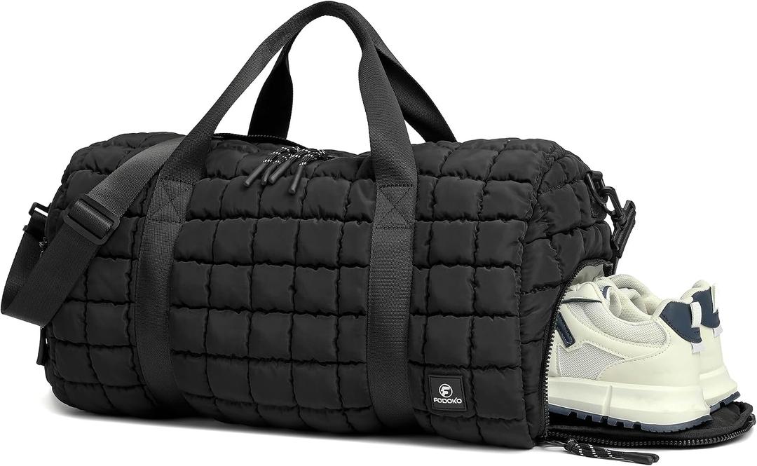 FODOKO Quilted Duffel Bag for Women, Puffer Gym Duffle with Shoe Compartment, Lightweight Large Crossbody Sport Bag Travel Tote, Black