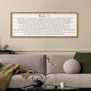 comurdyo Psalm 91 Wall Art Decor 32"X12" Christian Bible Verse Prayer Sign for Large Vintage Farmhouse Wood Framed Minimalist Family Living Room Wall Plaque Horizontal Hanging Decor (Wood)