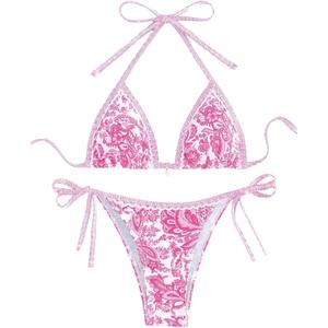 WDIRARA Women's 2 Piece Boho Swimsuits Floral Print Halter String Triangle Bikini Set Beach Bathing Suit (Pink) XXS