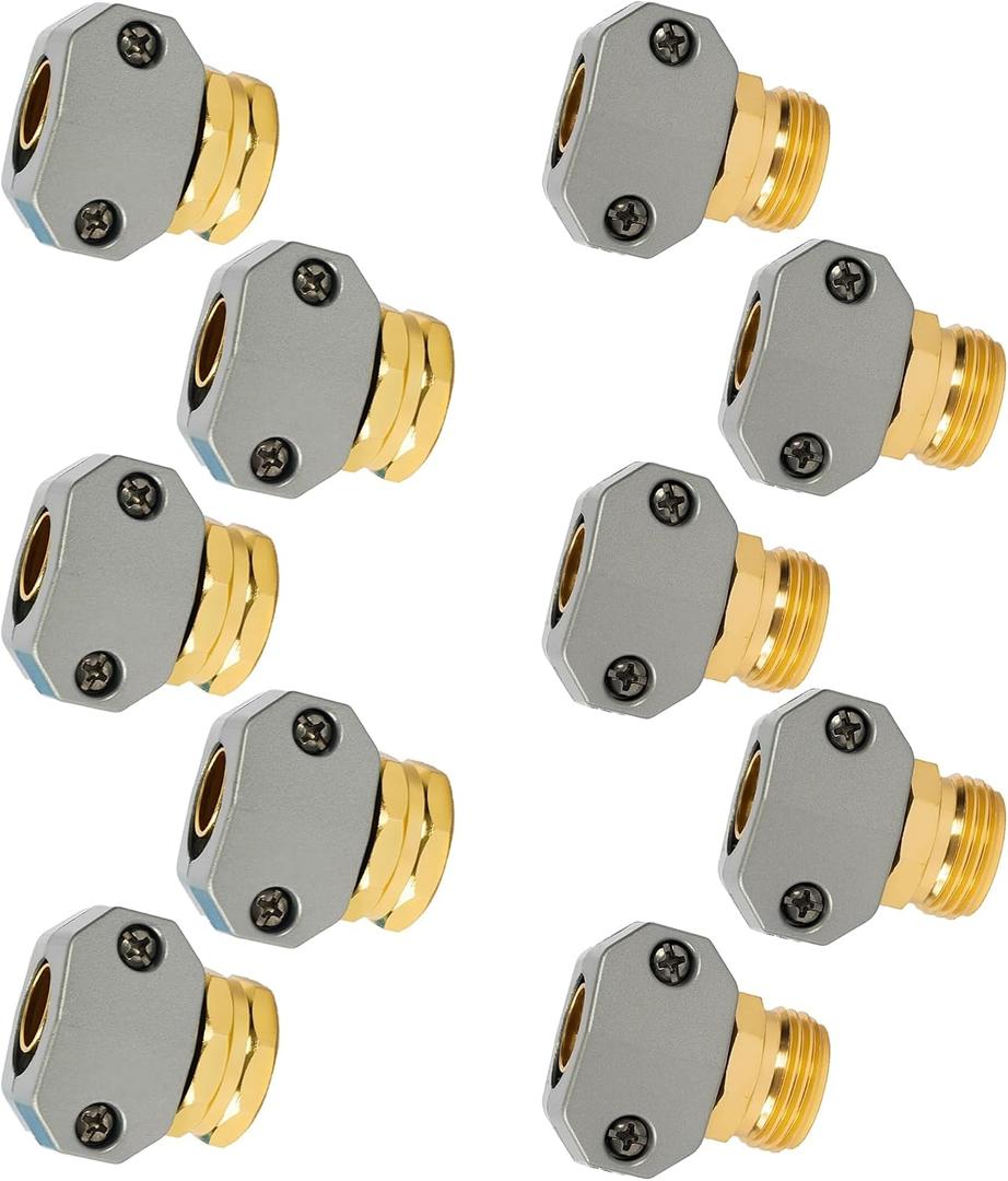 LIULO TOOL Garden Hose Repair Kit, 5 Sets Aluminum Alloy Garden Hose End Mender Kit with Zinc Clamp, Male and Female Repair Connector Fittings Fit 3/4 Inch and 5/8 Inch