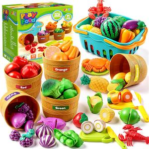 JOYIN Learning Toys Play Food Set for Toddlers, Cutting Food for Preschool Activities, Play Kitchen Accessories, Educational Toys, Color Sorting Set for Boys & Girls, Back to School Gifts for Toddlers