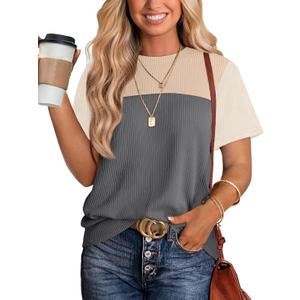 WIHOLL Womens Fashion 2026 Color Block Shirts Short Sleeve Crewneck Knitted Spring Summer Tops Casual Trendy (XL)