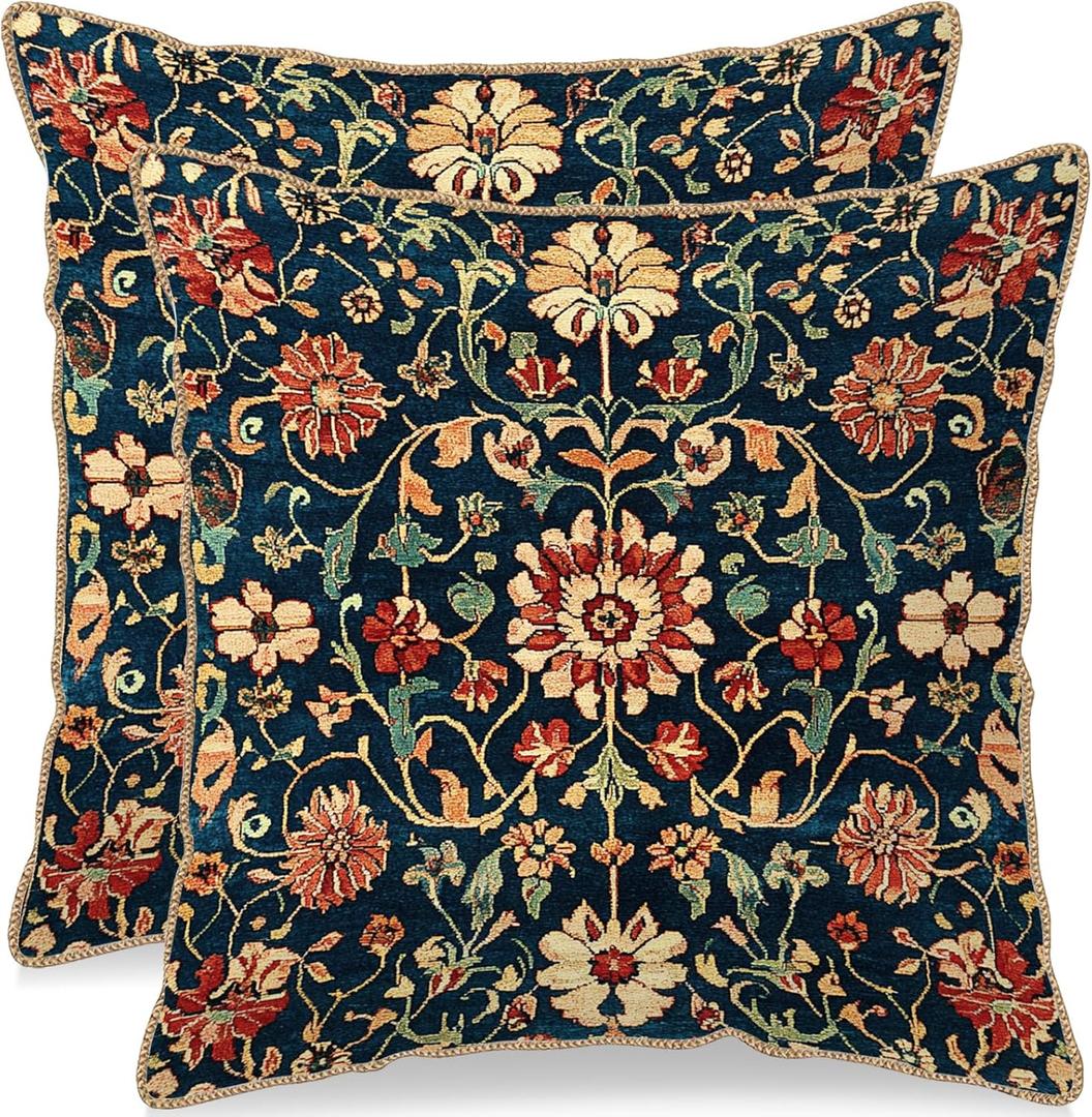 Vintage Floral Velvet Pillow Covers 20x20 Set of 2 Burnt Orange Blue Tapestry Pattern Design Art Flower Botanical Print Decorative Throw Pillowcases Farmhouse Cushion Cases Couch Sofa Bed Decor
