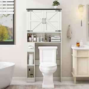 Over The Toilet Storage Cabinet, Farmhouse Storage Cabinet Over Toilet with 2 Barn Doors && Toilet Paper Holder StandHome Space-Saving Toilet Rack, for Bathroom, Laundry, Restroom. (Black)