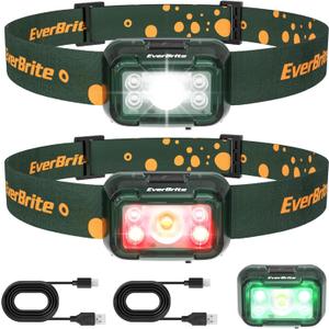 EverBrite Rechargeable Headlamp, 2 Pack Kids Headlamp with White/Red/Green Light and Memory Function, Head Lamp for Adult and Kid with 5 Modes, 120 Adjustable LED Headlamp for Camping, Running-Green