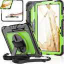 Case for Samsung Galaxy Tab S8/S7 11-inch 5G Tablet Case 2022/2020 [with Tempered Glass Screen Protector] 360 Rotating Kickstand/Hand & Shoulder Strap/S Pen Holder (Green)