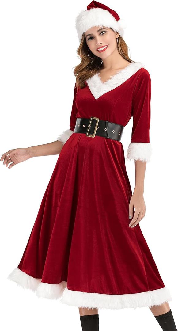 Cuteshower Mrs. Claus Costume Christmas Red Dress Cosplay Outfits for Women (Large)