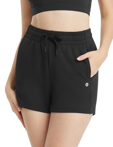 baleaf Women's 4" High Waisted Workout Shorts with Pockets Elastic Athletic Gym Running Yoga Shorts Modal Soft Black, Size: M