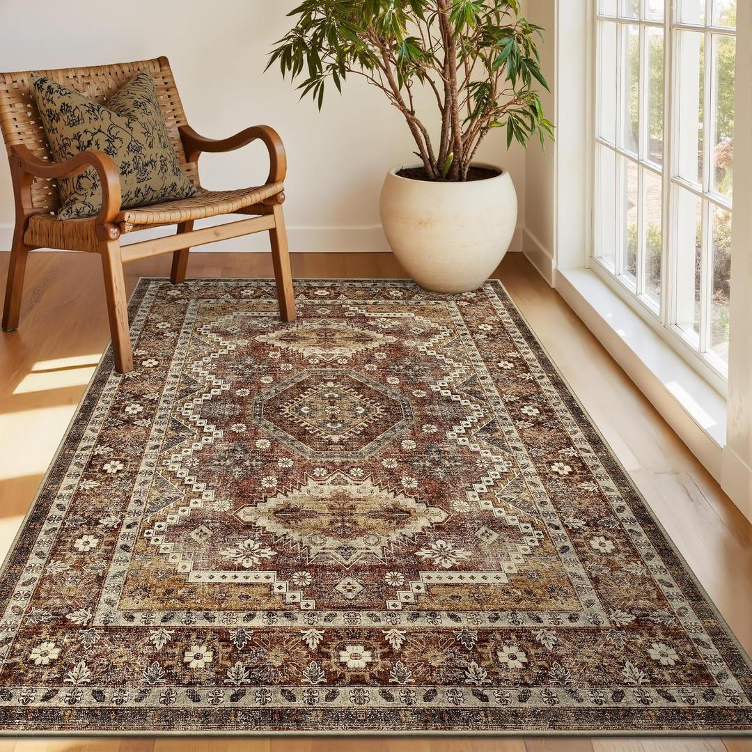 Rugland 3x5 Rug - Stain Resistant Washable Rug, Anti Slip Backing Rugs for Living Room, Vintage Tribal Area Rugs (TPR07-Rust, 3'x5')