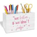 Trendy Pink Pen Holder for Desk, Mental Health Gifts Pencil Organizer, We Listen and We Don't Judge Inspirational Wooden Box Sign Desk Decor for Girls Room Therapy Office Decoration
