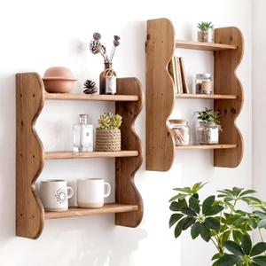 Cinnvoice 2 Pcs Solid Wood Wall Shelf 3-Tier Rustic Floating Shelves Wall Mounted Storage Rack Farmhouse Decorative Hanging Storage Shelf for for Bedroom Living Room Bathroom Kitchen