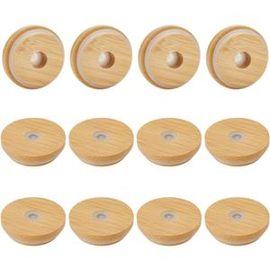 OLYCRAFT 12Pcs Bamboo Lids for Glass Cups 2.5 Inch Reusable Cup Lid with Straw Hole Wood Mason Jar Lids Replacement Beer Glasses Lid Wooden Lids with Leak-proof Silicone for Regular Mouth Beer Glasses