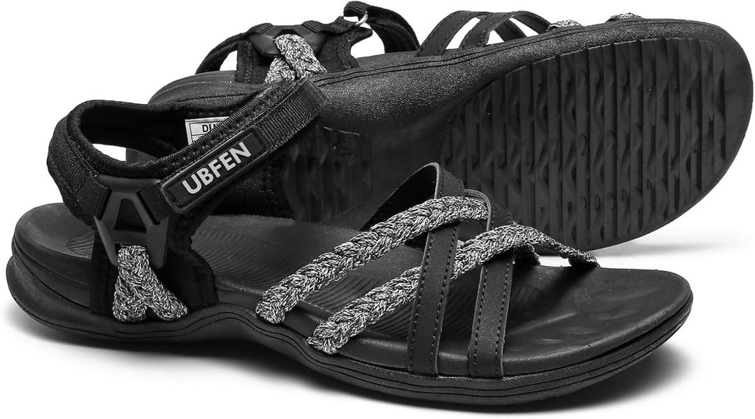 UBFEN Womens Hiking Comfort Sport Sandals Beach Vacation Camping Casual Sport Sandals with Adjustable Straps and Arch Support (41 EU, Black Grey)