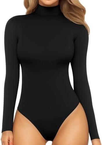 MANGOPOP Women's Mock Turtle Neck Sleeveless Long Sleeve Tops Bodysuit Jumpsuit L