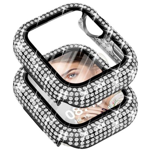 Newlibery Bling Watch Case with HD Screen Protector Women Compatible with Apple Watch 42mm Full Diamond Protective Face Cover PC Frame Protector for iWatch Series 10 Black, Set of 2