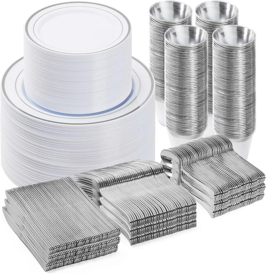 BESTVIP 600PCS Silver Dinnerware Set for 100 Guests, Plastic Plates for Party, 100 Silver Disposable Plates, 100 Dessert Plates, 100 Cups, 100 Spoons, 100 Forks and 100 Knives