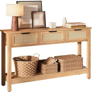 Luoxiao Console Table 3 Drawers Entryway Table with Anti-Tip Design - 47 Inches Narrow Long Sofa Table Storage Shelf Behind Couch Living Room Entry Way Table Entrance Hallway Foyer, Natural
