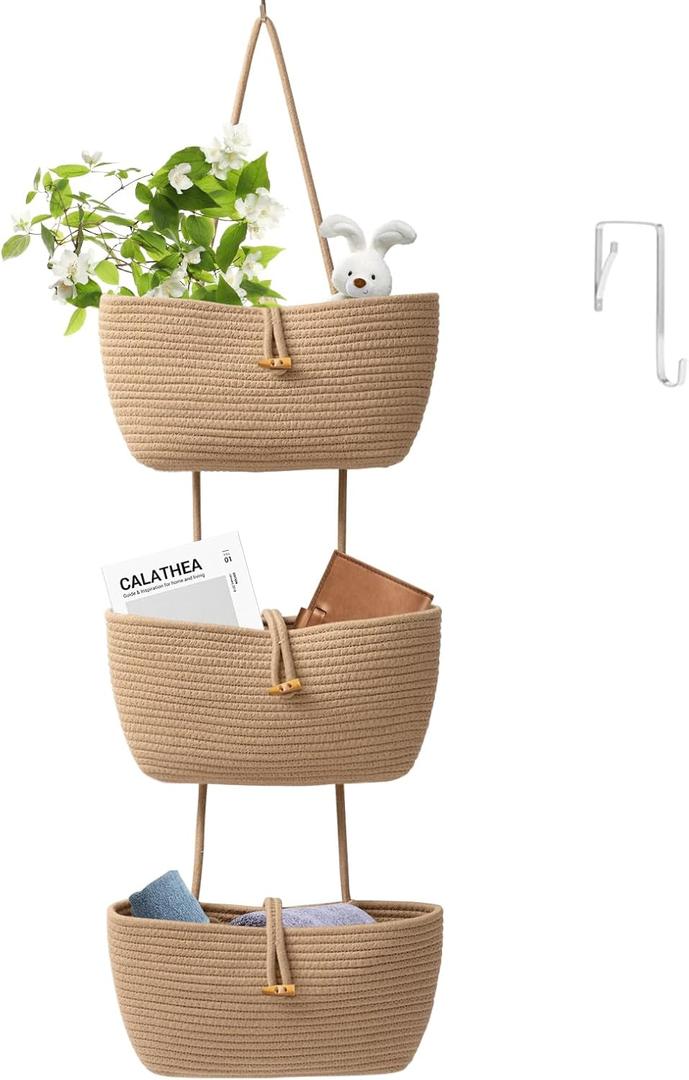TeoKJ 3-Tier Cotton Rope Baskets with Button Strap Over the Door Wall Hanging Baskets for Nursery, Living Room, Bathroom, Door Storage Organizer for Decoration-Jute