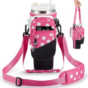 BULKITEM Water Bottle Carrier Bag with Phone Pocket for Stanley 40 & 30 oz Tumbler with Handle,Pink Insulated Neoprene Cup Holder Pouch w/Adjustable Strap for Quencher H2.0 Stanley Cup Accessories
