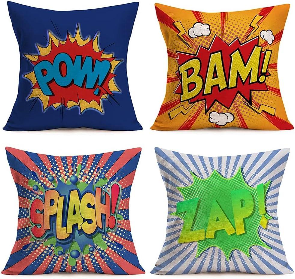 Super Hero Quote Pillow Covers 18" x 18" Set of 4 Pow/Bam/Splash/Zap with Exclamation Pattern Art Comic Design Decorative Throw Pillow Covers Cushion Case for Sofa Couch