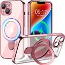 Magnetic for iPhone 14 Case with Invisible Stand[Compatible with MagSafe][Full Camera Lens Protector][Military Drop Protection] Shockproof Not Yellowing Clear Slim Soft for Women Men (Pink)