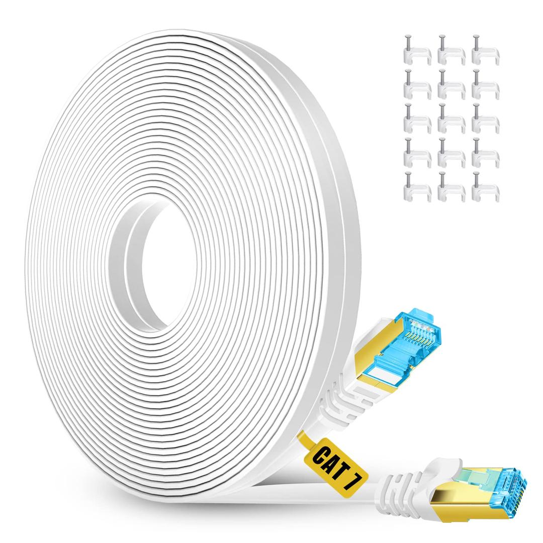 Cat 7 Ethernet Cable 20 ft, High Speed Internet Network Cable with Gold Plated RJ45 Connector, Shielded Flat Patch Cord LAN Wire for Modem, Switch, Faster Than Cat5e/Cat5/Cat6/Cat6e - 20 feet White