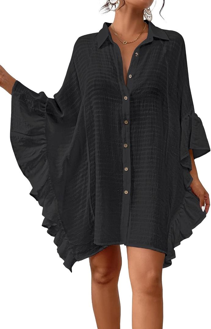 Bsubseach Women Swimsuit Cover Up Blouse 2025 Button Down Bathing Suit Cover Ups for Swimwear Bikini Beach Shirt Dress Tops (One Size, Black)