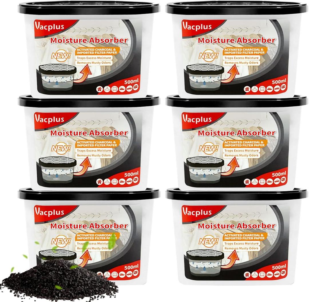 Vacplus Moisture Absorbers 6 Pack, Portable Humidity Absorber Boxes for Your Bathroom, Closet & Car, Dehumidifier with Activated Carbon, 10.5 Oz