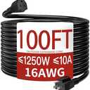100 Ft Outdoor Extension Cord Waterproof, Weatherproof & Flame Retardant Heavy Duty Black 3 Prong Power Cord Outside for Lawn & Garden, 10A 1250W 125V 16AWG SJTW, ETL Listed