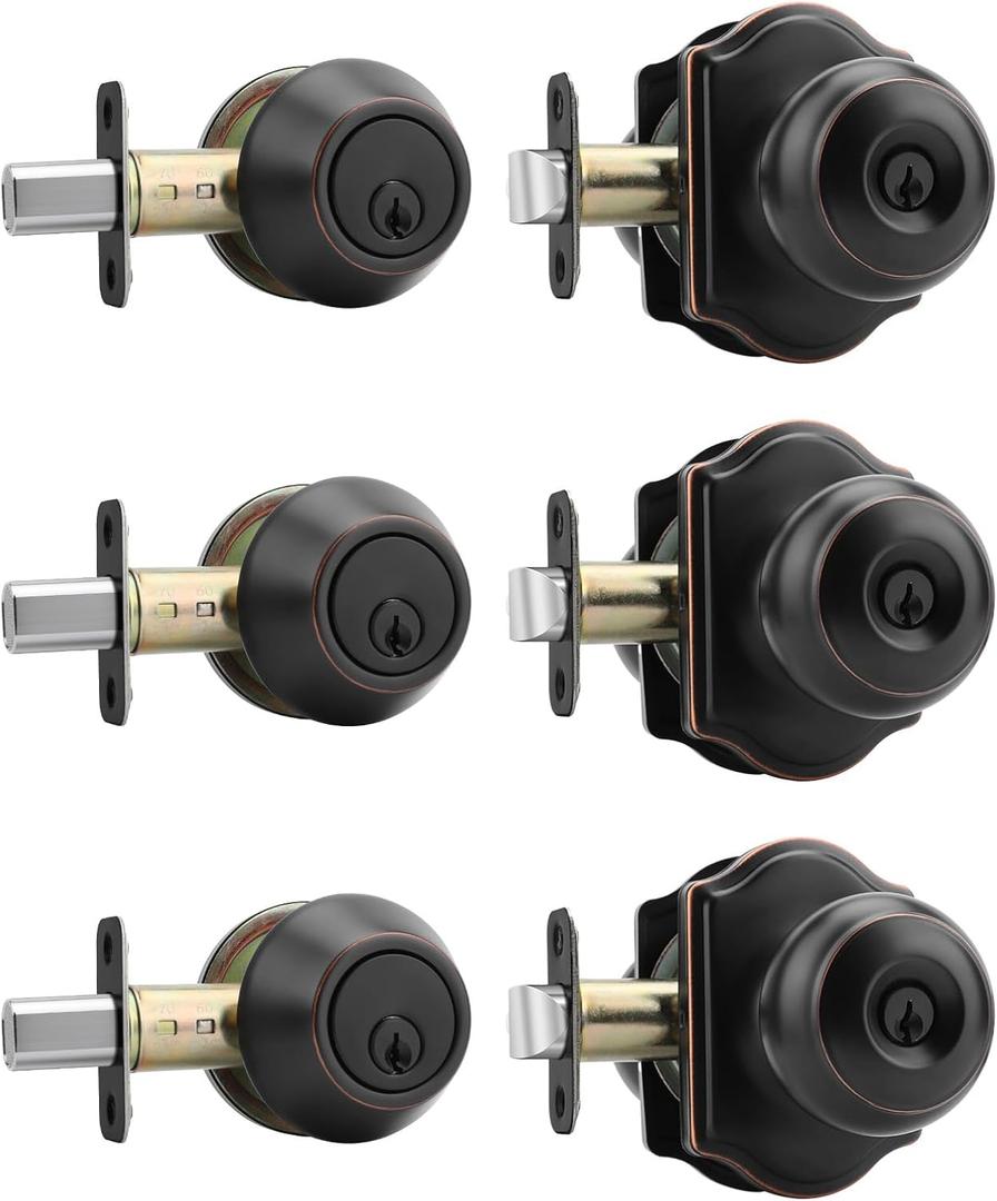 Haidms Exterior Deadbolt and Keyed Entry Bronze Door Knob Set, Keyed Entry Front Door Knobs, Deadbolt Oil Rubbed Bronze Doorknob with Lock and Key(3 Pack)