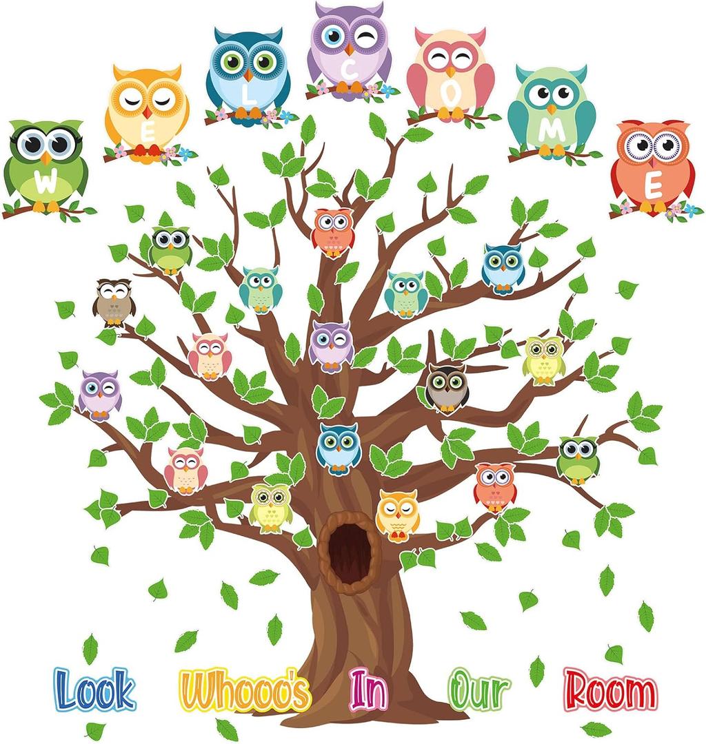 Tatuo 125 Pcs Classroom Tree Bulletin Board Set 47 x 46 Inch Tree Background Owl Leaves Dot Bulletin Board Cutouts for Elementary School Teacher Chalkboard Supplies(Owl)