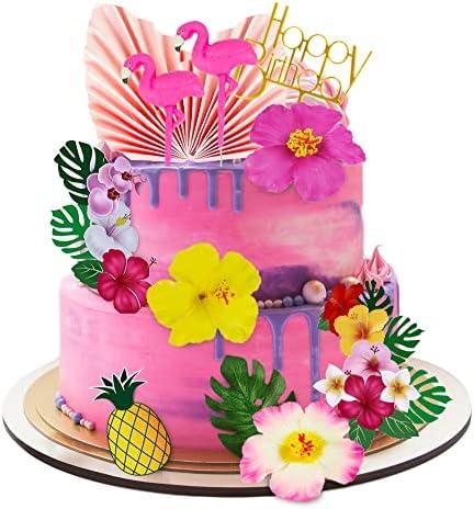 12 PCS Flamingo Cake Toppers Flamingo Palm Leaves Hibiscus Flowers Hawaiian Cake Decorations for Tropical Luau Themed Birthday Wedding Party Supplies