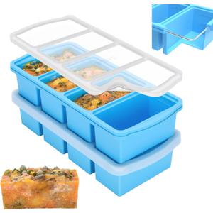 ZIP STANDING Silicone Freezer Trays with Lid,1-cup Soup Freezer Container large Ice Cube Molds with Reinforced Steel Ring Top for freezing Soup Sauce Broth Leftovers oven Dishwasher -Safe(2-Pack)