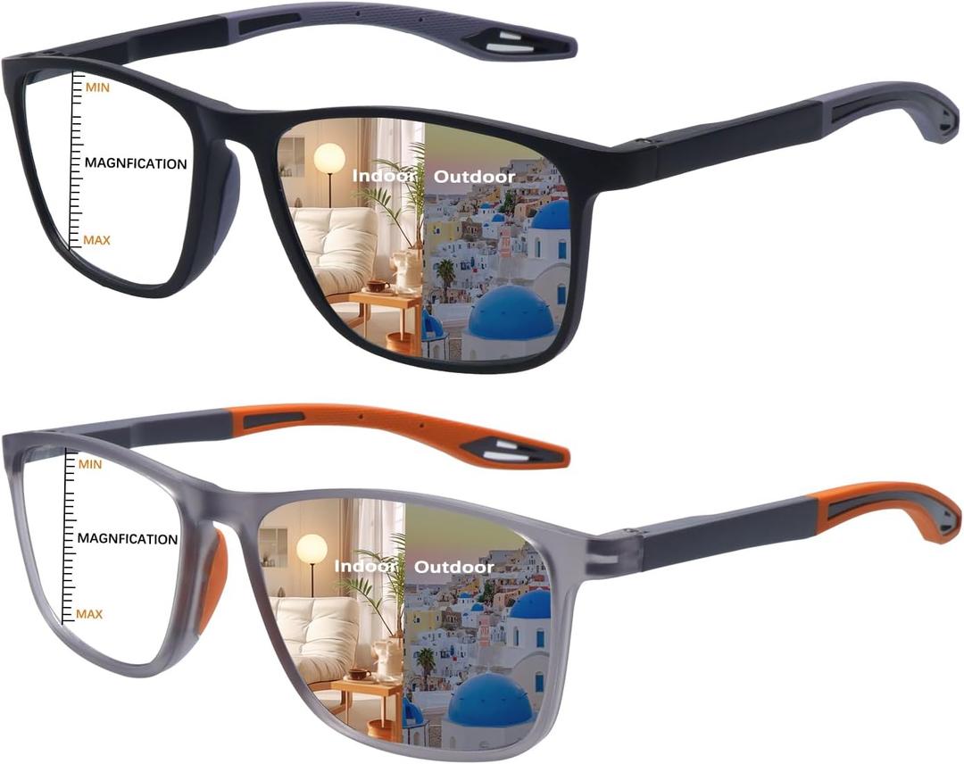 CLASAGA Progressive Multifocal Reading Glasses for Men Photochromic Gray Sunglasses Sports Style Blue Light Blocking Readers, 2.0