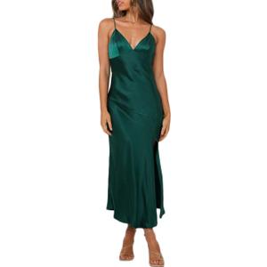 Summer Satin V Neck Silp Midi Dress for Women Wedding Guest 2025 Sexy Spaghetti Strap Backless Long Dresses with Slit (Emeralds, XS)