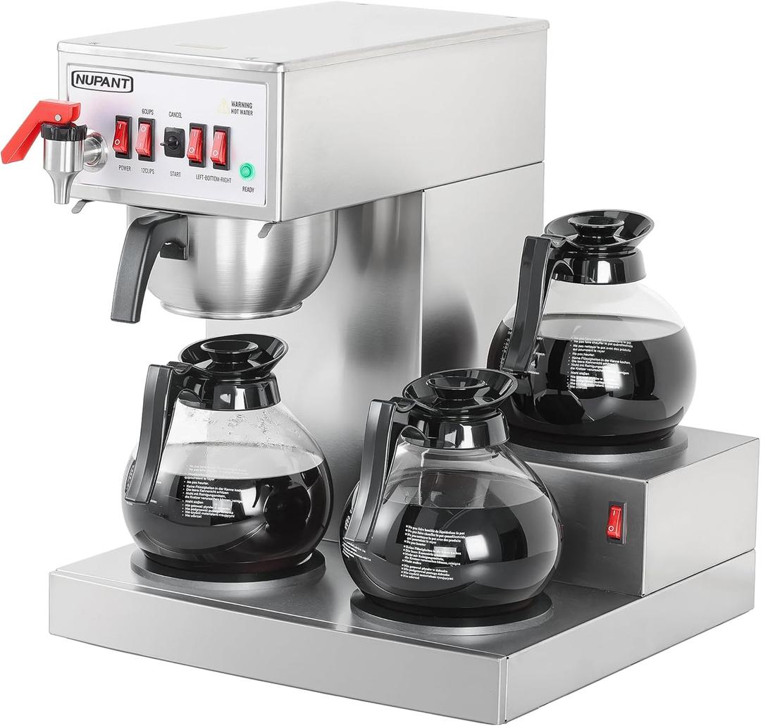 NUPANT 12 Cup Commercial Coffee Maker, Auto Filling Drip Coffee Maker Machine with 3 Glass Carafes 3 Warmers, Stainless Steel Pour Over Coffee Brewer with Hot Water Supply for Restaurant Office Cafe, 36 Cup